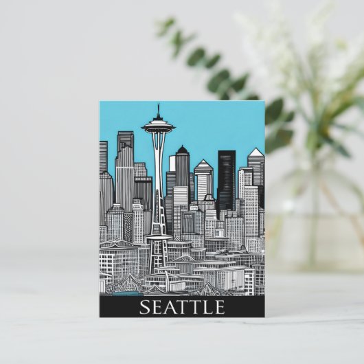 Seattle Washington Citycape in Schwarz und Weiß Postkarte (Stehend Vorderseite)