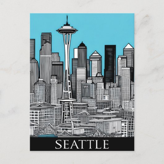 Seattle Washington Citycape in Schwarz und Weiß Postkarte (Vorderseite)
