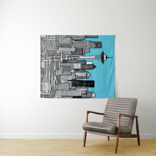 Seattle Washington Citycape in Schwarz und Weiß Wandteppich (Beispiel (Horizontal))