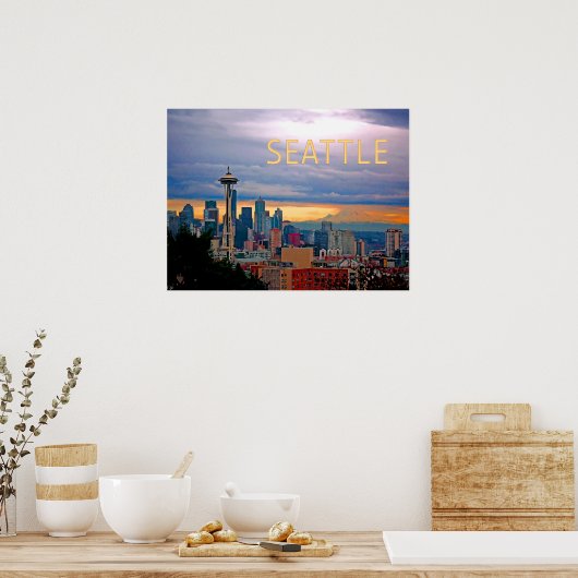 Seattle Washington Skyline at Sunset TEXT SEATTLE Poster (Küche)