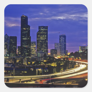 Seattle, Washington Skyline bei Nacht Quadratischer Aufkleber