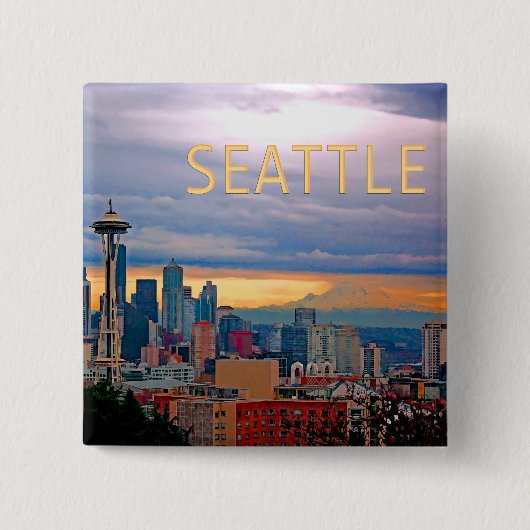 Seattle Washington Skyline bei Sunset TEXT SEATTLE Button (Vorderseite)