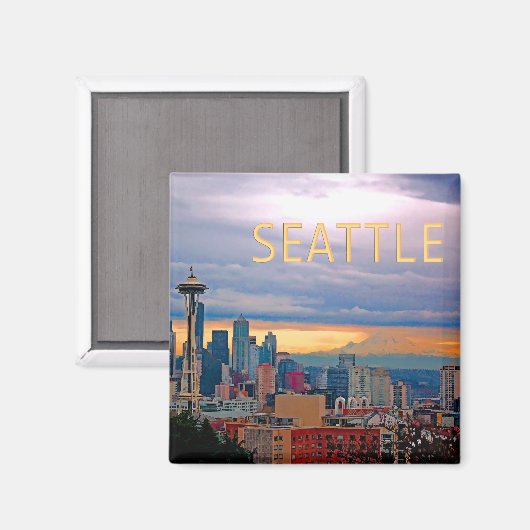 Seattle Washington Skyline bei Sunset TEXT SEATTLE Magnet (Vorderseite/Rückseite)