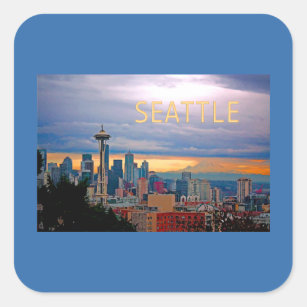 Seattle Washington Skyline bei Sunset TEXT SEATTLE Quadratischer Aufkleber