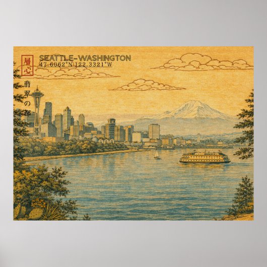 Seattle Washington Skyline im japanischen Ukiyo-e- Poster (Vorne)