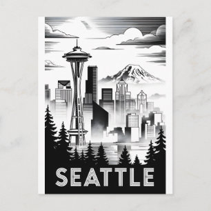 Seattle Washington Skyline Schwarz Weiß Holzschnit Feiertagspostkarte