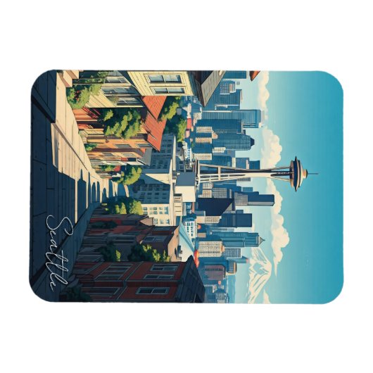 Seattle Washington Space Needle Mt Rainier Magnet (Horizontal)