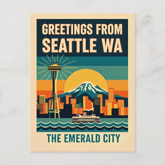 Seattle Washington – The Emerald City Retro 1930s Postkarte (Vorderseite)