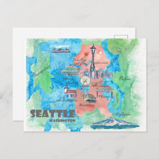 Seattle Washington Travel Map Postkarte (Vorne/Hinten)