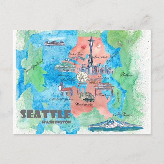 Seattle Washington Travel Map Postkarte (Vorderseite)