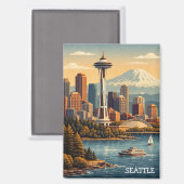 Seattle, Washington Vintage-Reise-Skyline Magnet (Vorderseite/Rückseite)