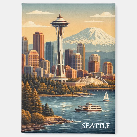 Seattle, Washington Vintage-Reise-Skyline Magnet (Vorderseite)