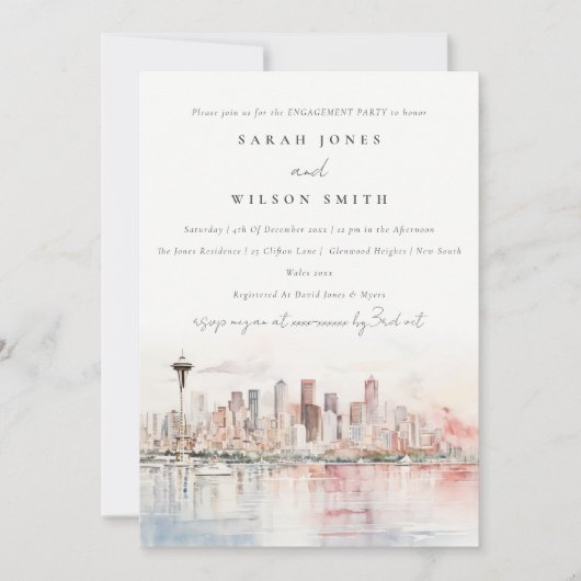 Seattle Washington Watercolor Landscape Engagement Einladung (Vorderseite)