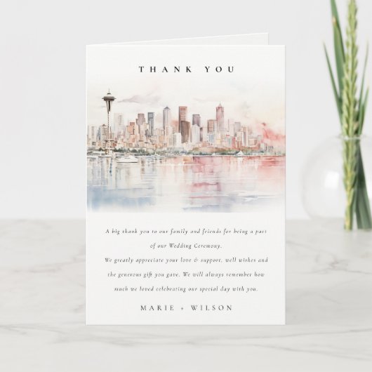 Seattle, Washington Watercolor Landscape Wedding Dankeskarte (Vorderseite)