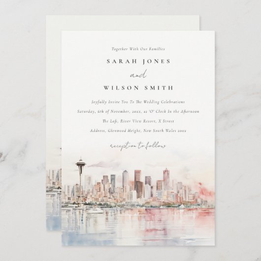 Seattle, Washington Watercolor Landscape Wedding Einladung (Vorne/Hinten)