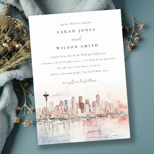 Seattle, Washington Watercolor Landscape Wedding Einladung