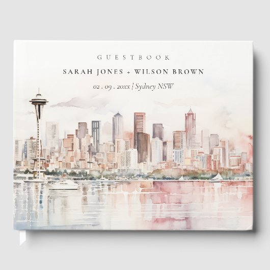 Seattle, Washington Watercolor Landscape Wedding Gästebuch (Vorderseite)