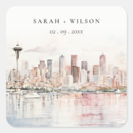 Seattle, Washington Watercolor Landscape Wedding Quadratischer Aufkleber