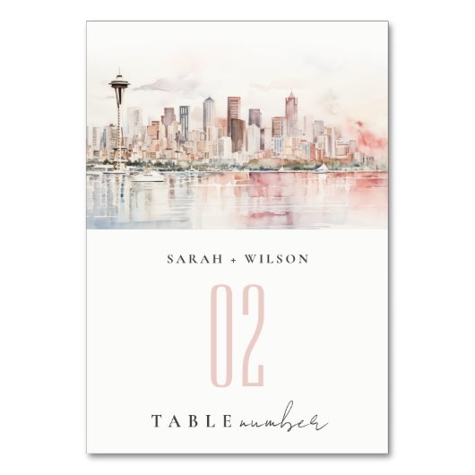Seattle, Washington Watercolor Landscape Wedding Tischnummer (Vorderseite)
