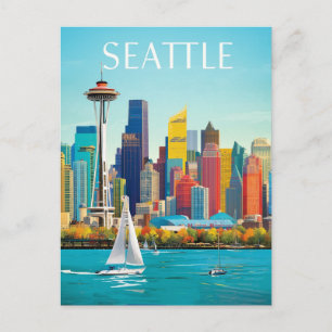 Seattle-Wasserfront & Space Needle Retro Art Postkarte