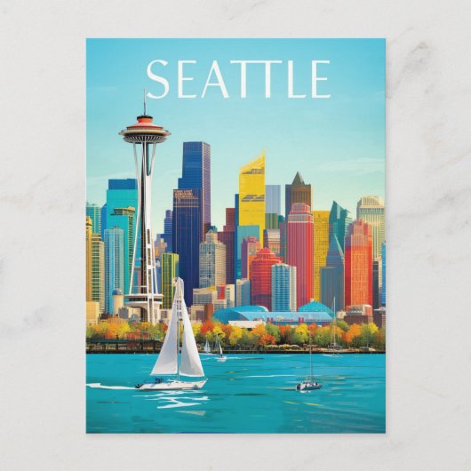 Seattle Waterfront & Space Needro Retro Art Postkarte (Vorderseite)