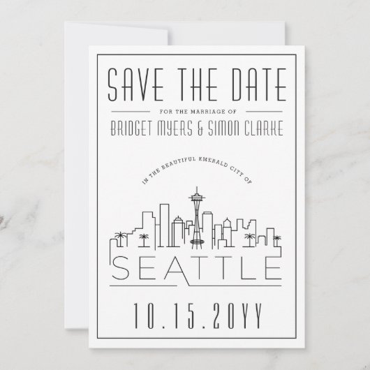 Seattle Wedding | Stilisierte Skyline Save the Dat Einladung (Vorderseite)