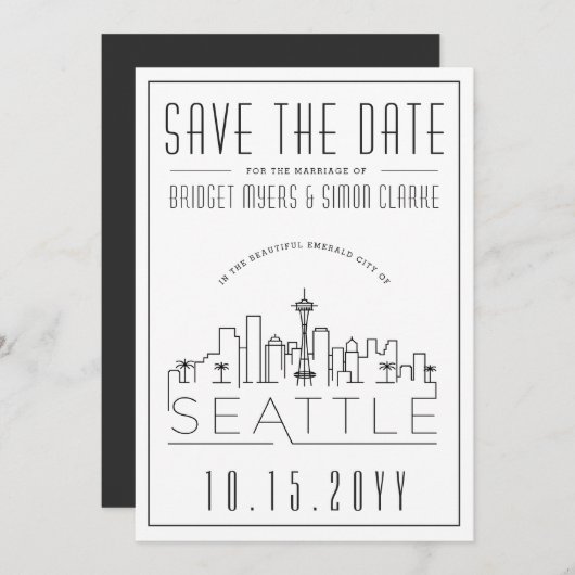 Seattle Wedding | Stilisierte Skyline Save the Dat Einladung (Vorne/Hinten)