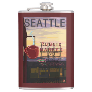 SeattlePike Platz-Markt-Zeichen und Wasser-Ansicht Flachmann