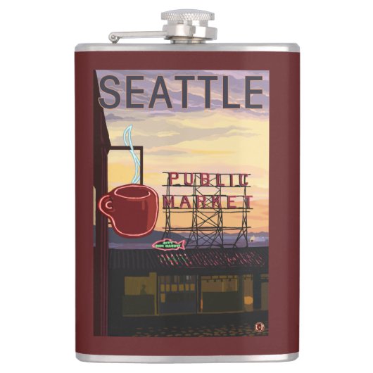 SeattlePike Platz-Markt-Zeichen und Wasser-Ansicht Flachmann (Vorderseite)