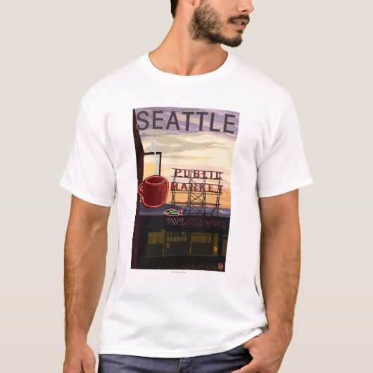 SeattlePike Platz-Markt-Zeichen und Wasser-Ansicht T-Shirt (Vorderseite)