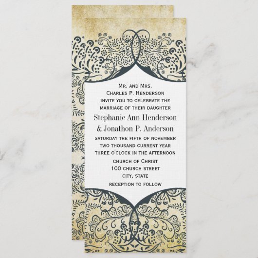 Seavy und Mustard Love Bird Paisley Pattern Weddin Einladung (Vorne/Hinten)