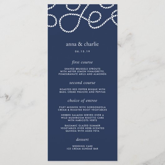 Seaworthy Wedding Menu Card | Dunkelblau Menükarte (Vorderseite)