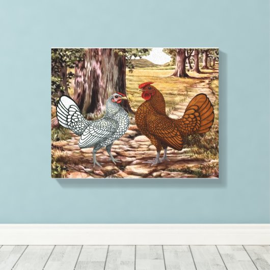 Sebright Hen und Rooster in einem waldreichen Rahm Leinwanddruck (Insitu (Holzboden))