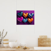 Sechs 3D-Herzen auf lila Hintergrund Poster (Küche)