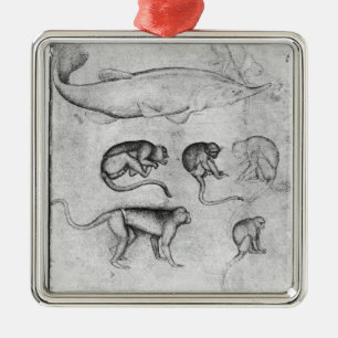 Sechs Affen und ein Stör Ornament Aus Metall