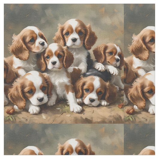 Sechs Cavalier Spaniel Welpen, Stoff (Nahaufnahme)