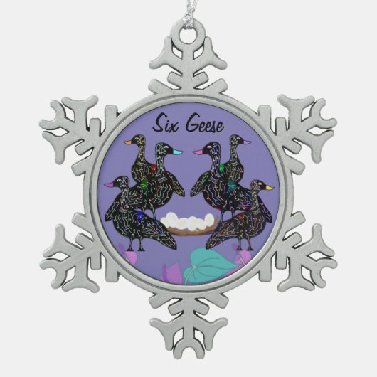 Sechs Gans-Weihnachtsverzierung Schneeflocken Zinn-Ornament (Vorderseite)