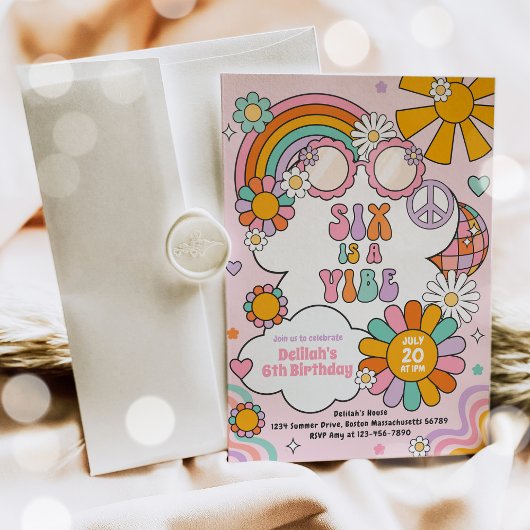 Sechs ist ein Vibe Groovy 70er Blume Power Geburts Einladung