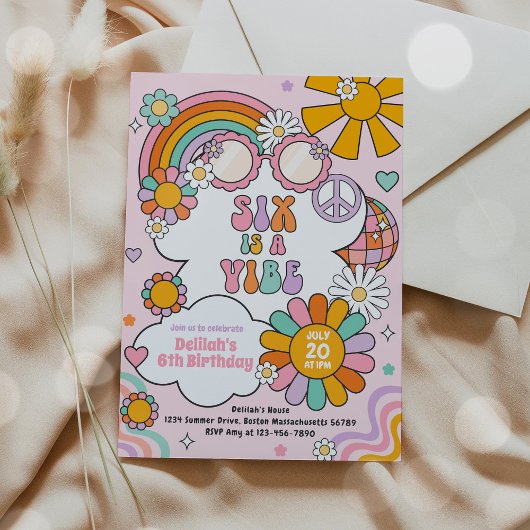 Sechs ist ein Vibe Groovy 70er Blume Power Geburts Einladung