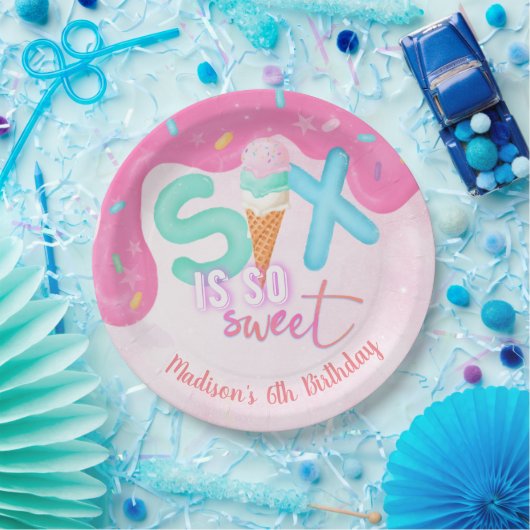 Sechs ist so süß rosa Zuckerguss Pappteller (Party)