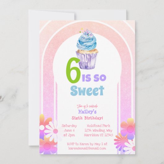 Sechs ist Sweet Rainbow Cupcake Sechster Geburtsta Einladung (Vorderseite)