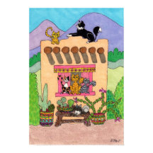 Sechs Katzen in einem orangen Adobe House