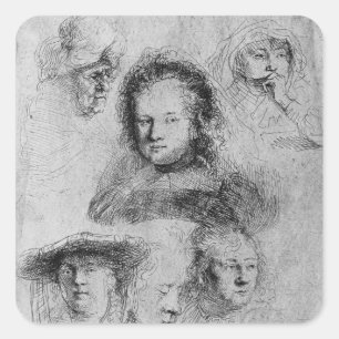 Sechs Kopf mit Saskia van Uylenburgh Quadratischer Aufkleber