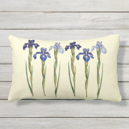 Sechs lila u. blaue Iris-lumbales Kissen im Freien