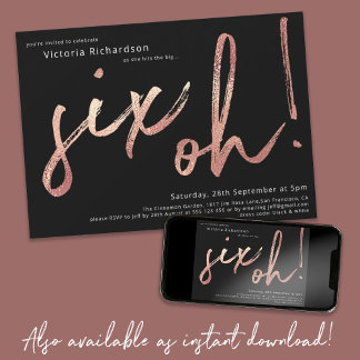 Sechs Oh 60. Geburtstag Rose Gold Foil Stilvolle B Einladung