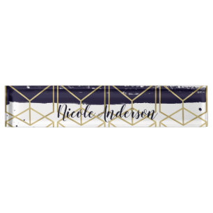 Sechseck Modern Navyblau Gold Geometrisch Glamourö Namensplakette