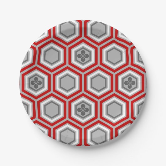 Sechseckiger Kimono-Druck, rot und Grau/Grau Pappteller (Vorderseite)
