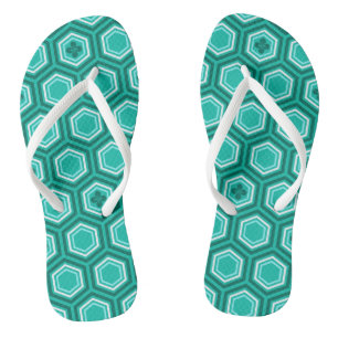Sechseckiger Kimono-Druck, Türkis und Weiß Badesandalen