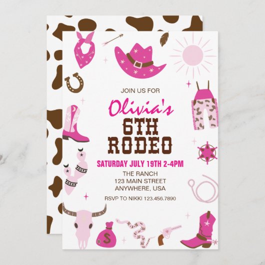 Sechster Rodeo Hot Pink Western 6. Geburtstag Einladung (Vorne/Hinten)