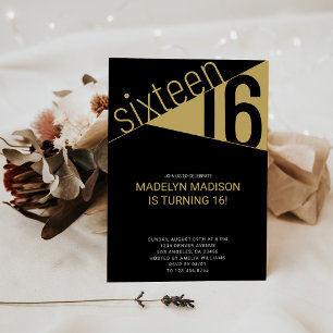sechzehn   Black & Gold 16. Geburtstagsparty Einladung